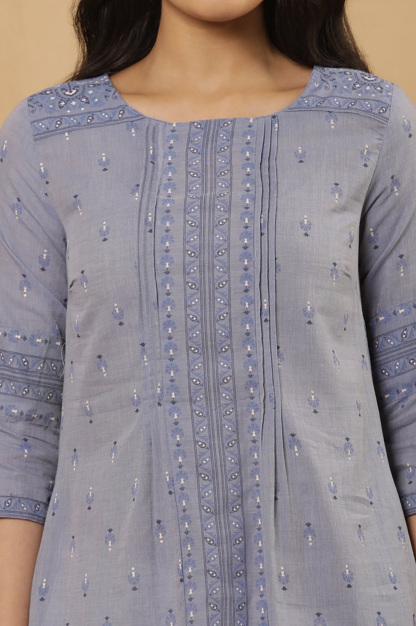 W for Woman Blue Printed A-Line Kurta And Pants Set