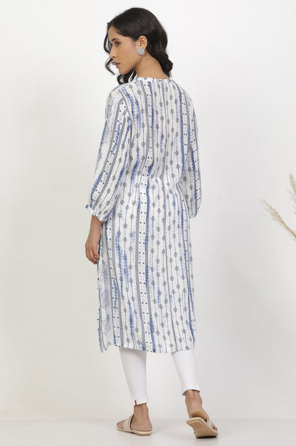 W for Woman White And Blue Printed Kurta And Pants Set