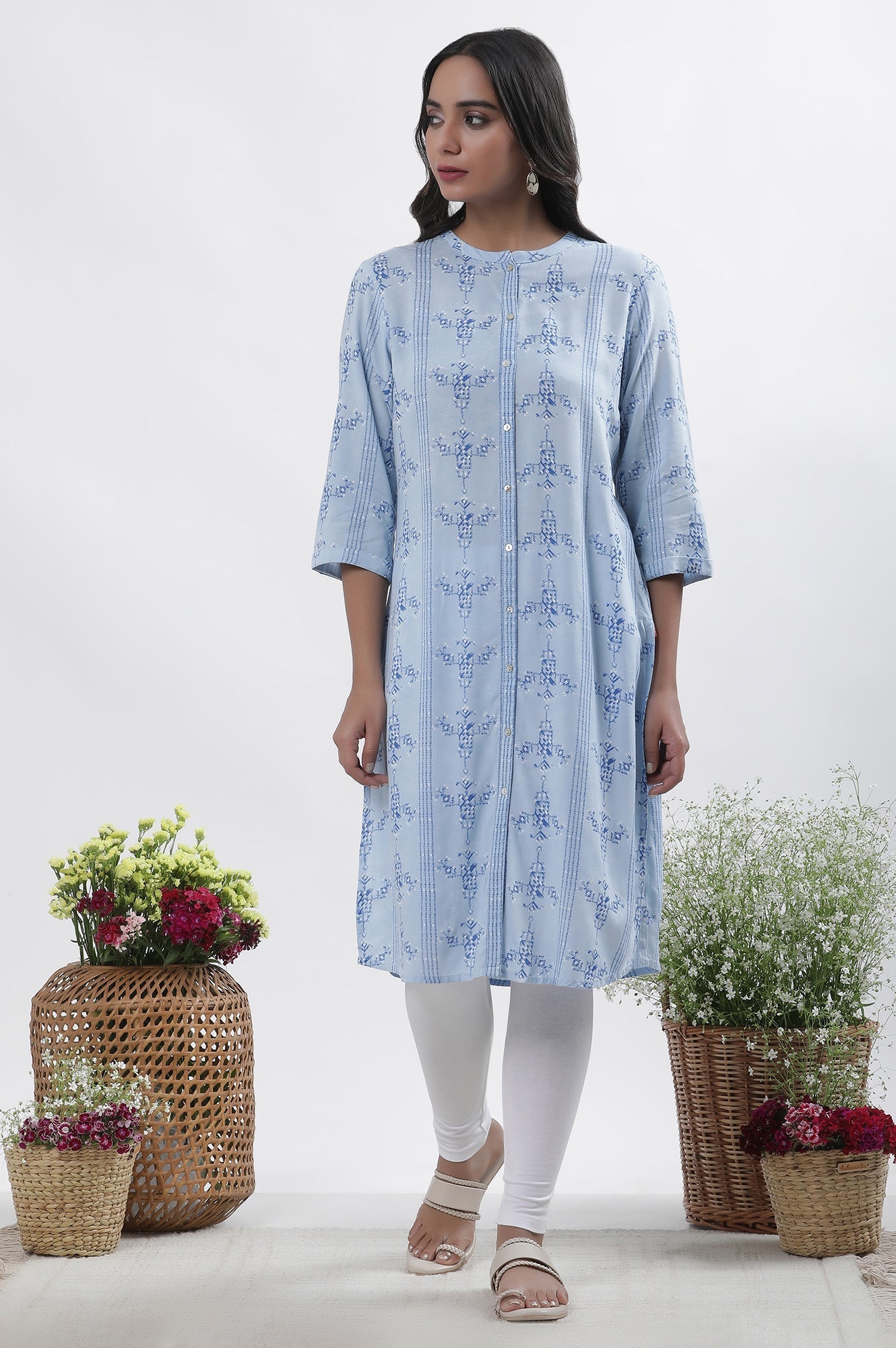 W for Woman Blue Geometric Print Shirt Kurta And Tights Set
