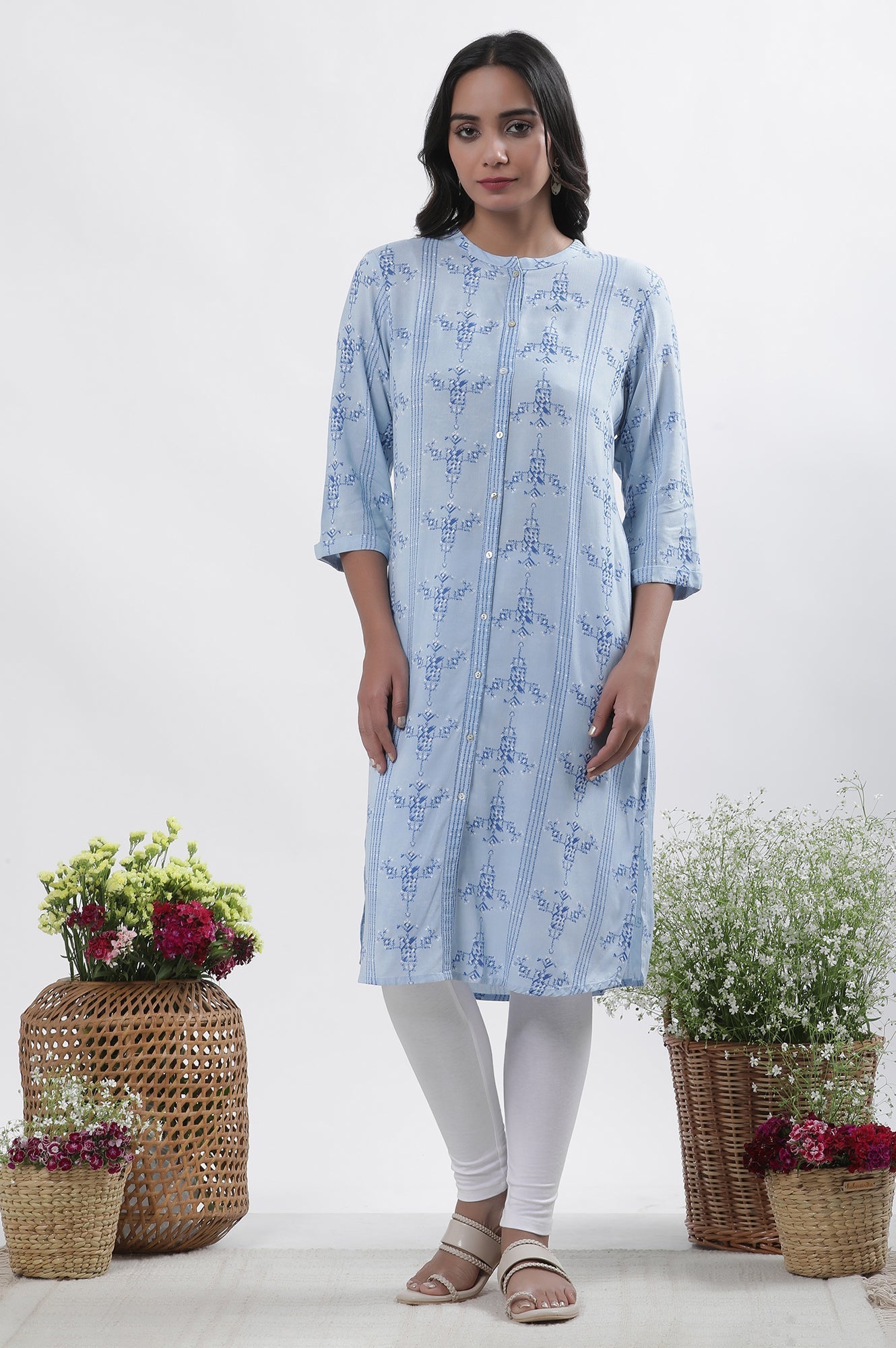 W for Woman Blue Geometric Print Shirt Kurta And Tights Set