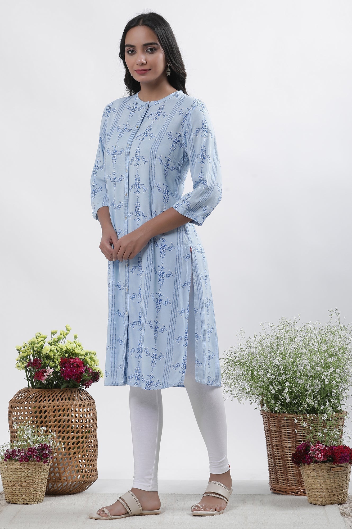 W for Woman Blue Geometric Print Shirt Kurta And Tights Set