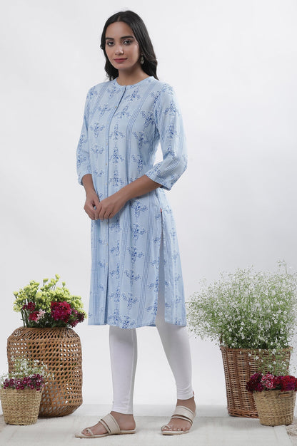 W for Woman Blue Geometric Print Shirt Kurta And Tights Set