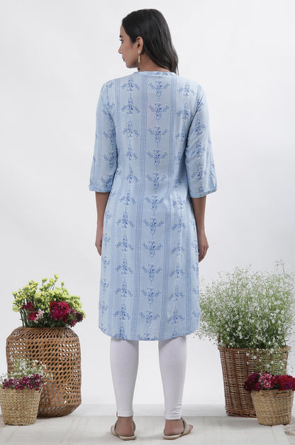 W for Woman Blue Geometric Print Shirt Kurta And Tights Set