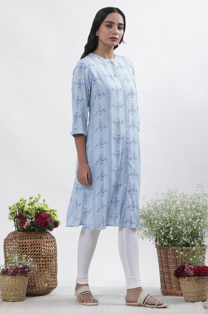W for Woman Blue Geometric Print Shirt Kurta And Tights Set