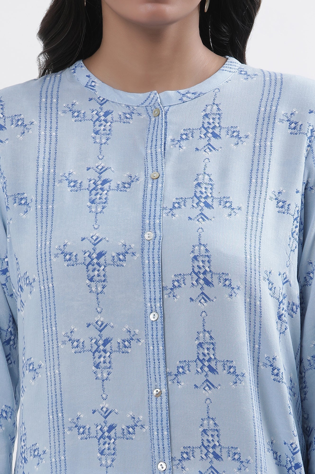 W for Woman Blue Geometric Print Shirt Kurta And Tights Set
