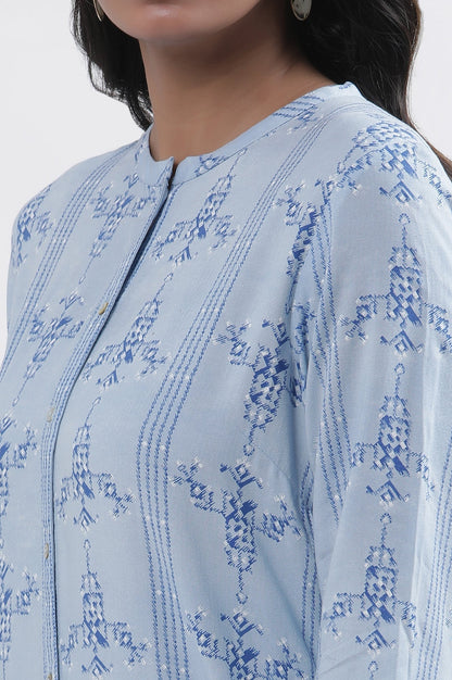 W for Woman Blue Geometric Print Shirt Kurta And Tights Set