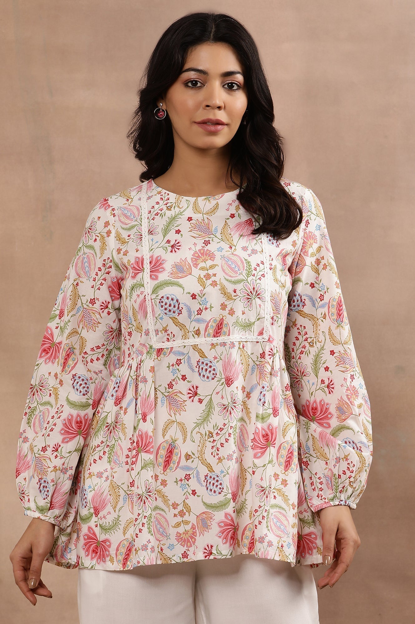 W for Woman White Floral Printed Pure Cotton Top And Parallel Pants Set