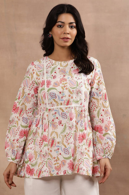 W for Woman White Floral Printed Pure Cotton Top And Parallel Pants Set