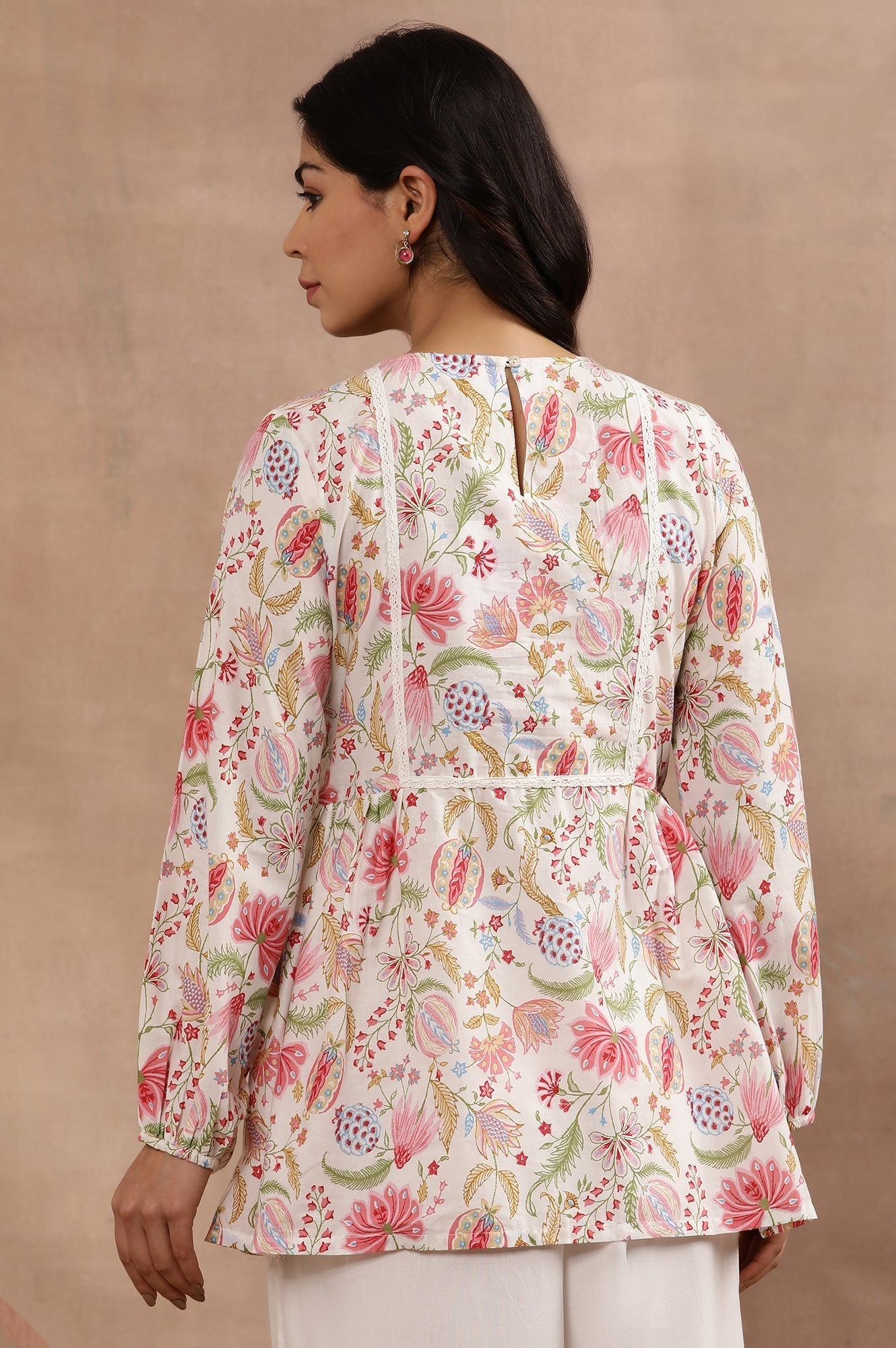 W for Woman White Floral Printed Pure Cotton Top And Parallel Pants Set