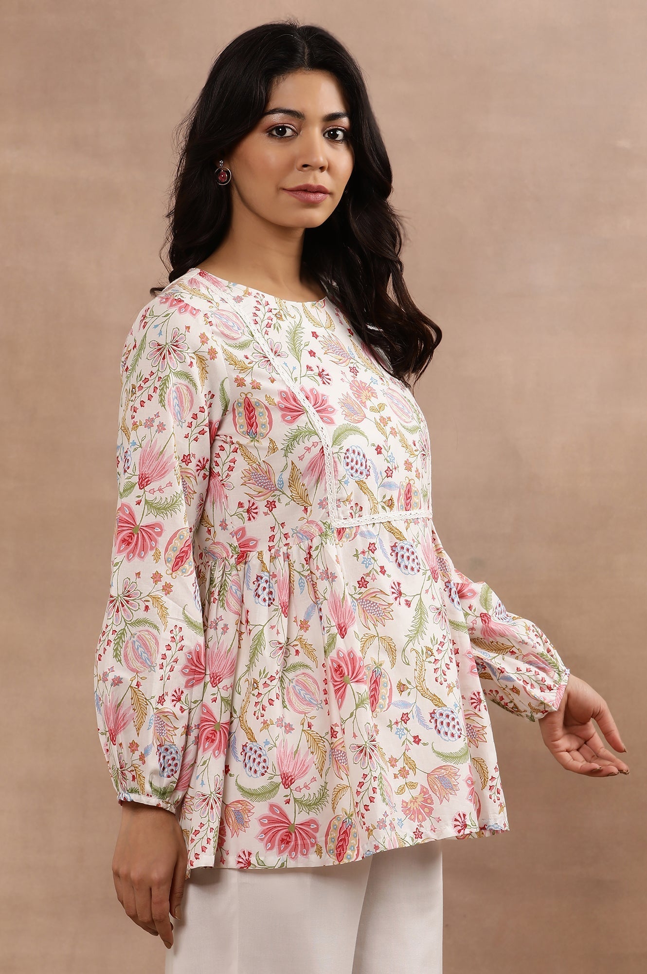 W for Woman White Floral Printed Pure Cotton Top And Parallel Pants Set