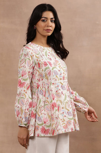 W for Woman White Floral Printed Pure Cotton Top And Parallel Pants Set