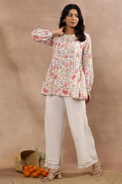W for Woman White Floral Printed Pure Cotton Top And Parallel Pants Set