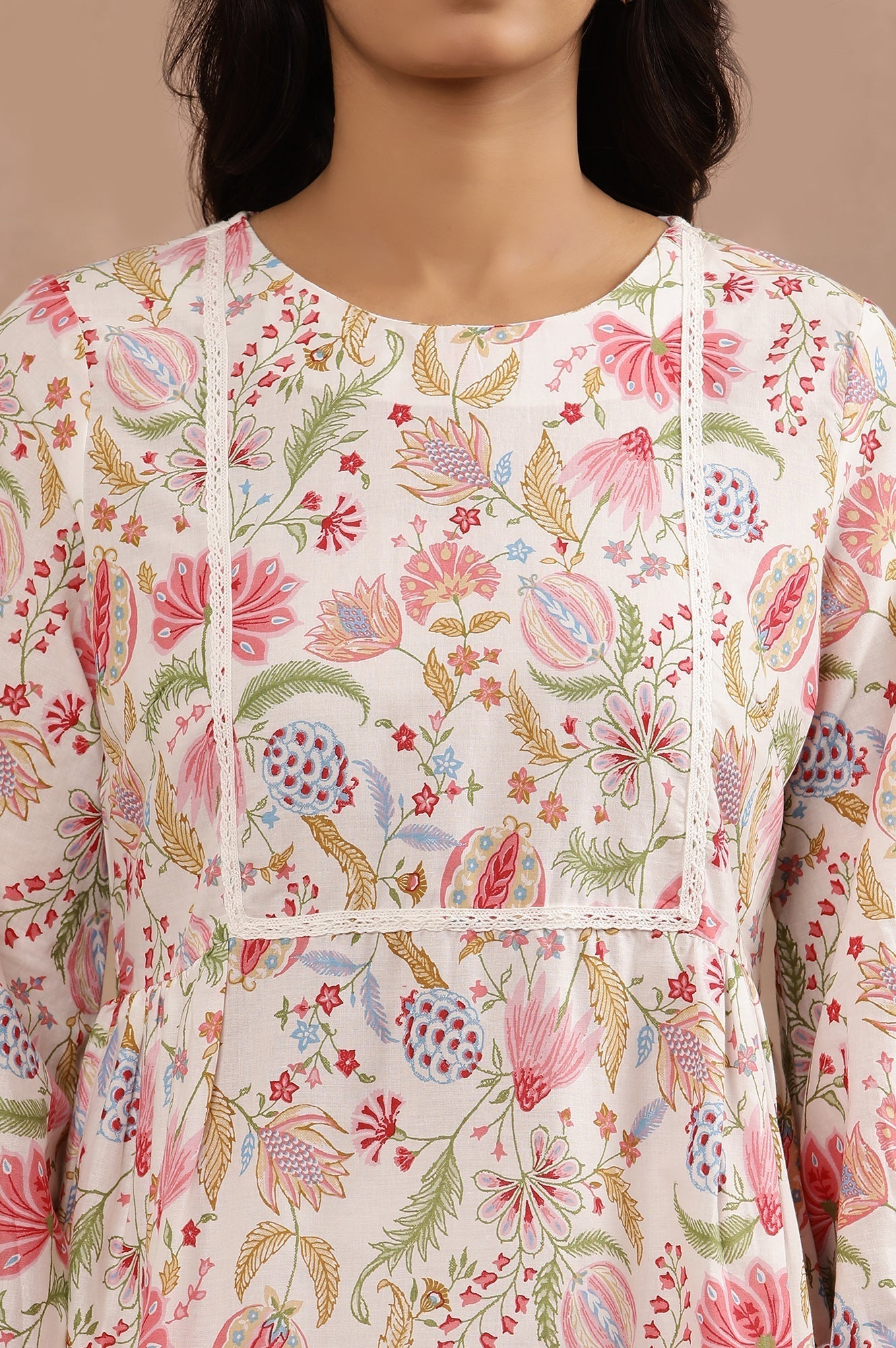 W for Woman White Floral Printed Pure Cotton Top And Parallel Pants Set