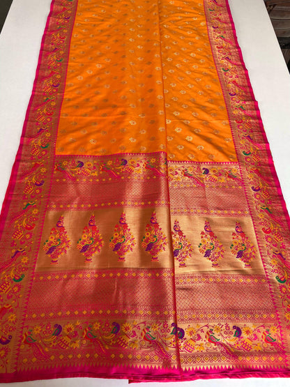 Mameraa Sarees Paithani Silk Blend Weaving Saree With Contrast Blouse-Yellow