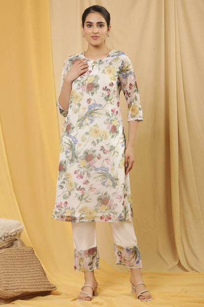 W for Woman White Layered Organza Floral Printed Kurta