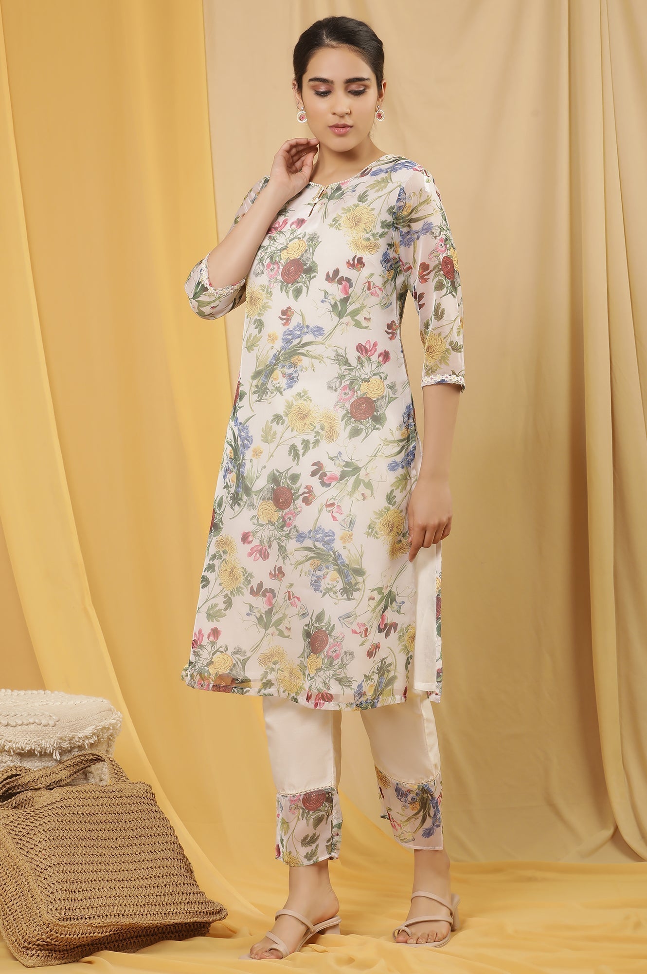 W for Woman White Layered Organza Floral Printed Kurta