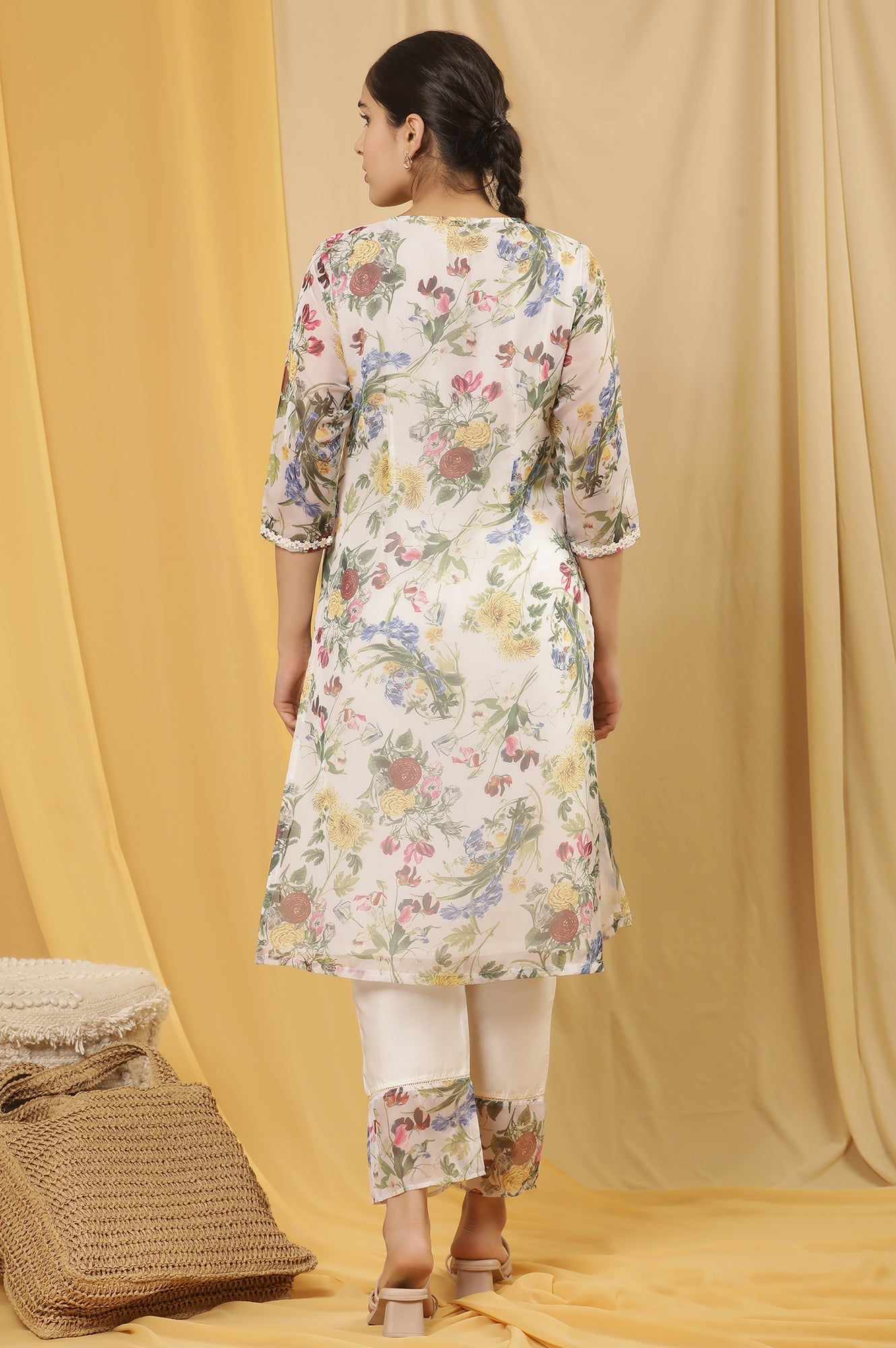 W for Woman White Layered Organza Floral Printed Kurta