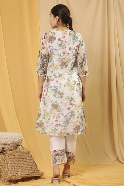 W for Woman White Layered Organza Floral Printed Kurta