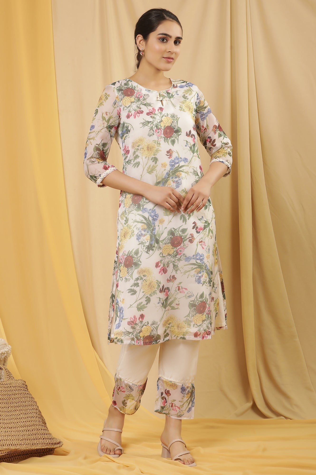 W for Woman White Layered Organza Floral Printed Kurta