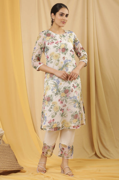 W for Woman White Layered Organza Floral Printed Kurta