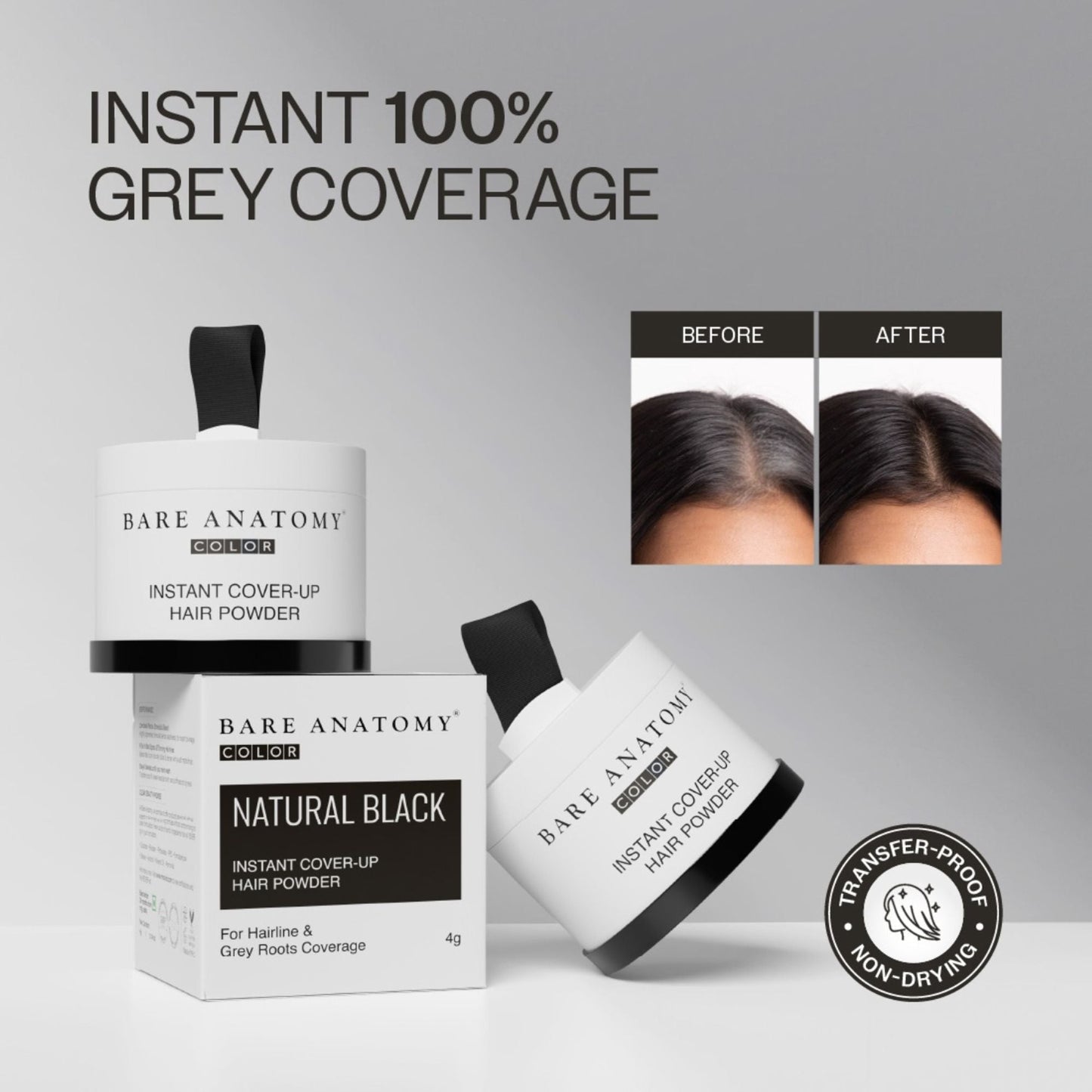 Bare Anatomy Cover-Up Hair Powder 100% Instant Grey Coverage Seamless Natural Finish - Black