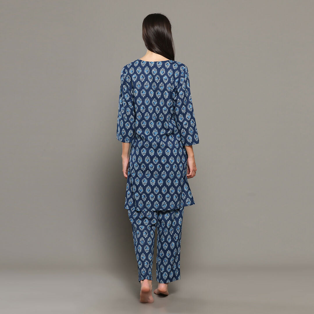 Breathables Blue Women Cotton Printed Loungewear Kurta And Pants Co-Ord Set I Night Wear | Butta Print