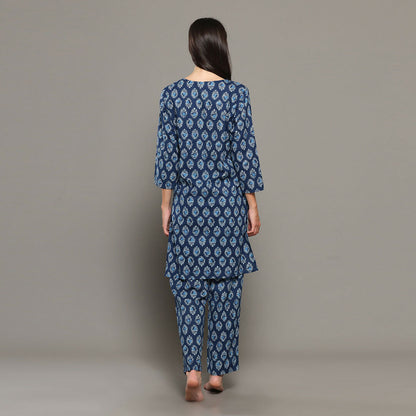 Breathables Blue Women Cotton Printed Loungewear Kurta And Pants Co-Ord Set I Night Wear | Butta Print
