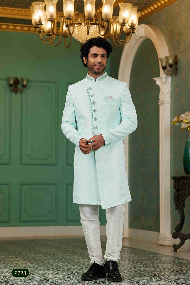 Raivat Ethnic Mens Jacquard Silk Embroidery Work Sherwani In Sky Blue Colour