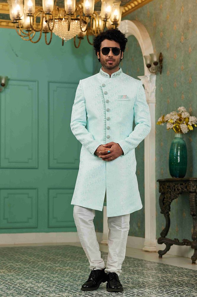 Raivat Ethnic Mens Jacquard Silk Embroidery Work Sherwani In Sky Blue Colour