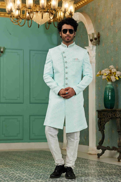 Raivat Ethnic Mens Jacquard Silk Embroidery Work Sherwani In Sky Blue Colour
