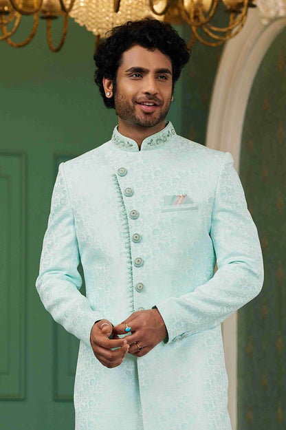 Raivat Ethnic Mens Jacquard Silk Embroidery Work Sherwani In Sky Blue Colour