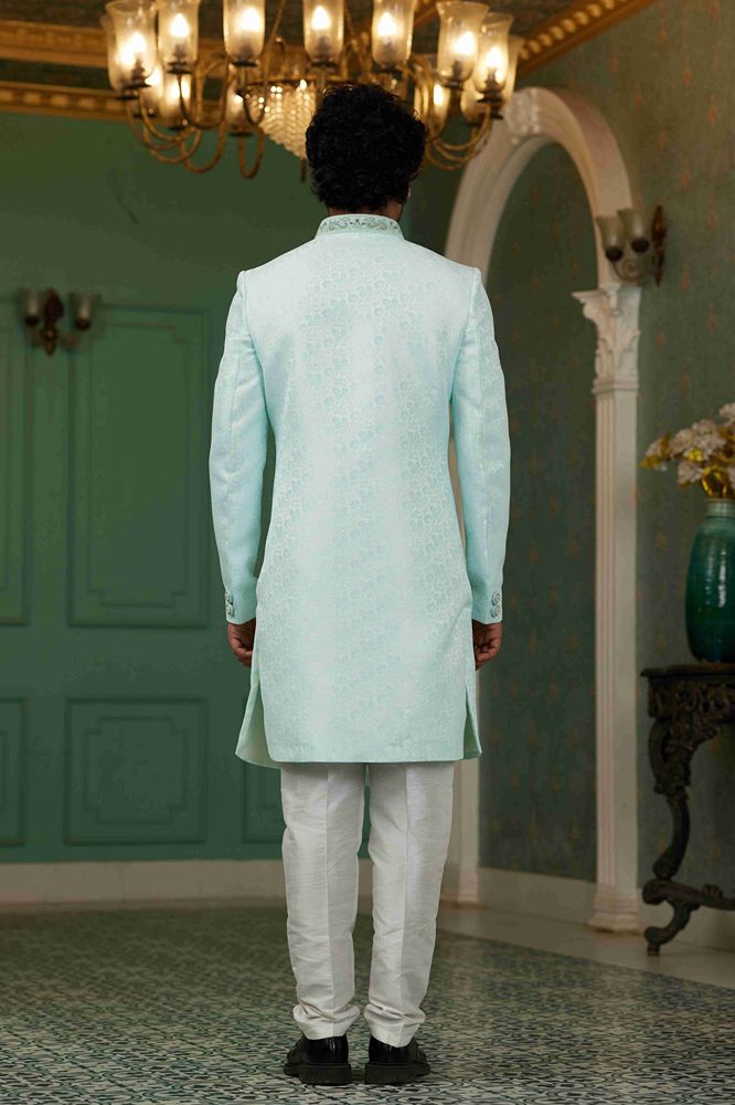 Raivat Ethnic Mens Jacquard Silk Embroidery Work Sherwani In Sky Blue Colour