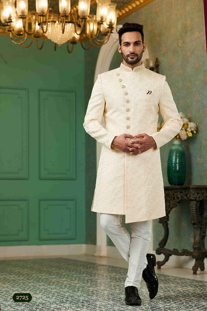 Raivat Ethnic Mens Jacquard Silk Embroidery Work Sherwani In Light Gold Colour