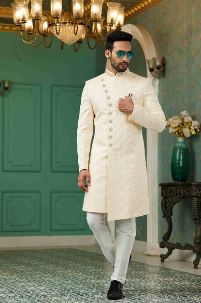 Raivat Ethnic Mens Jacquard Silk Embroidery Work Sherwani In Light Gold Colour
