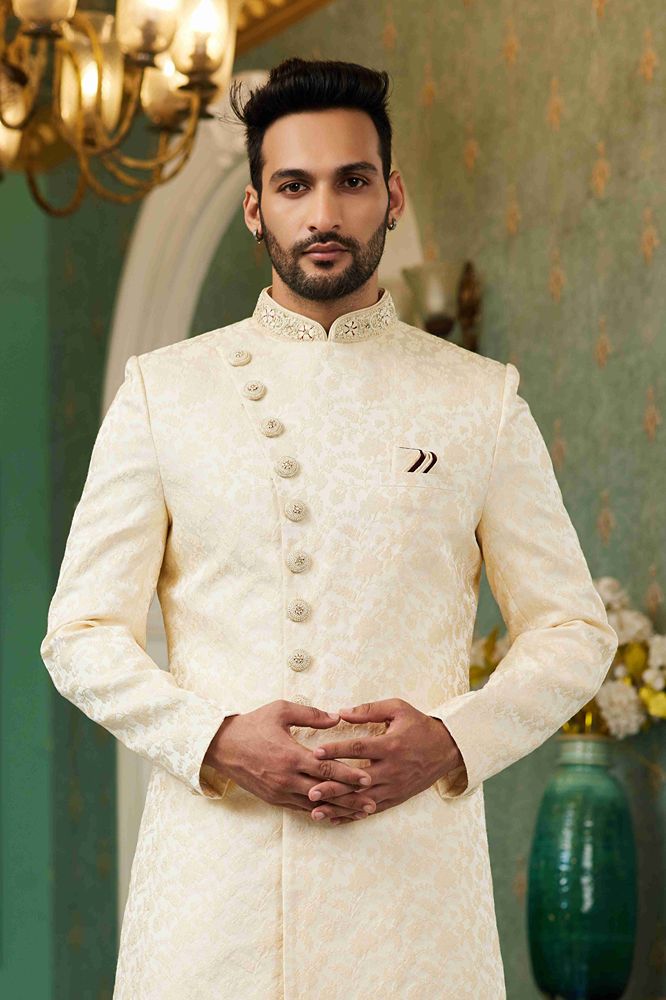 Raivat Ethnic Mens Jacquard Silk Embroidery Work Sherwani In Light Gold Colour
