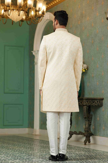 Raivat Ethnic Mens Jacquard Silk Embroidery Work Sherwani In Light Gold Colour