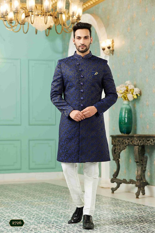 Raivat Ethnic Mens Jacquard Silk Embroidery Work Sherwani In Blue Colour