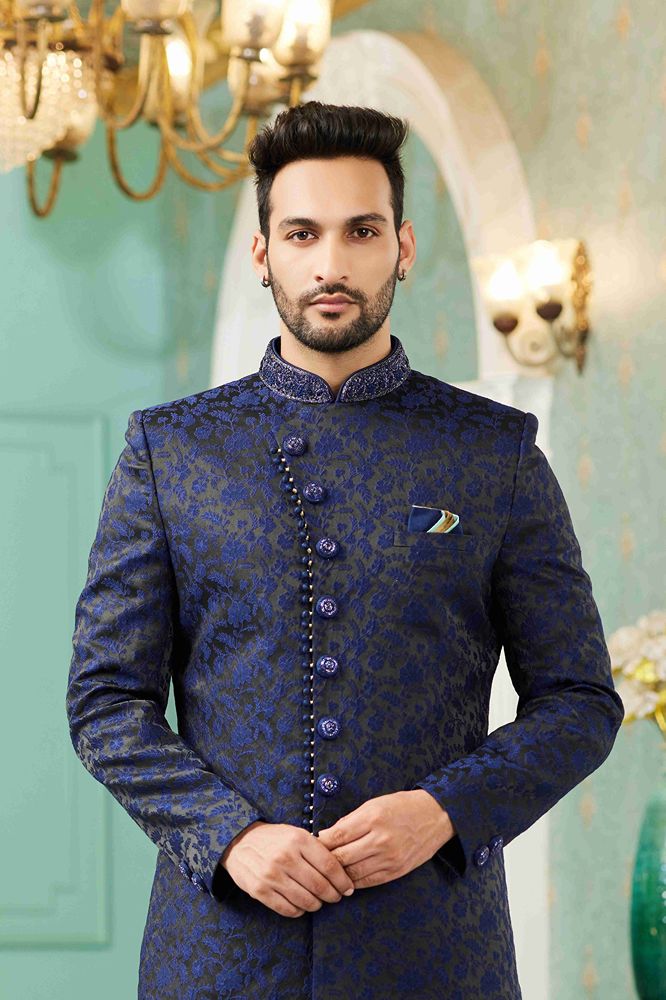 Raivat Ethnic Mens Jacquard Silk Embroidery Work Sherwani In Blue Colour