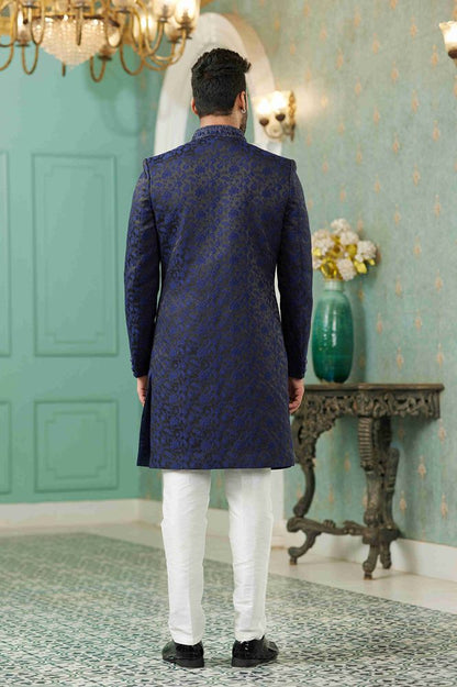Raivat Ethnic Mens Jacquard Silk Embroidery Work Sherwani In Blue Colour