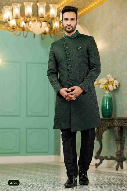 Raivat Ethnic Mens Jacquard Silk Embroidery Work Sherwani In Green Colour