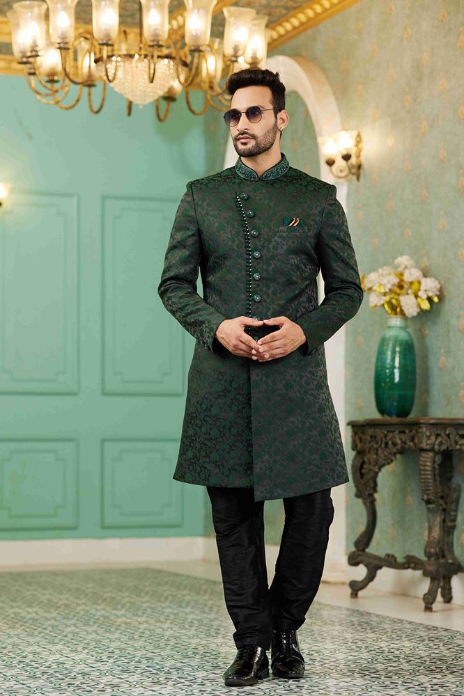 Raivat Ethnic Mens Jacquard Silk Embroidery Work Sherwani In Green Colour