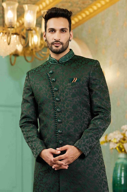 Raivat Ethnic Mens Jacquard Silk Embroidery Work Sherwani In Green Colour