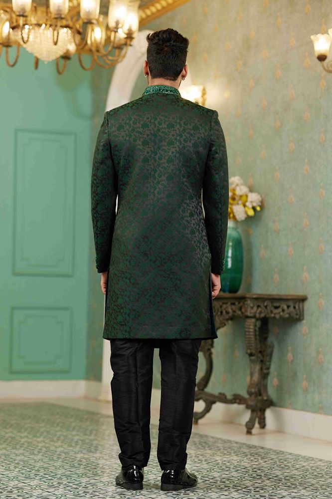 Raivat Ethnic Mens Jacquard Silk Embroidery Work Sherwani In Green Colour