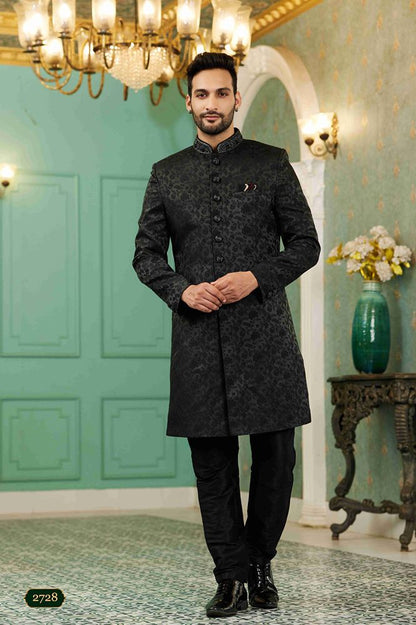 Raivat Ethnic Mens Jacquard Silk Embroidery Work Sherwani In Black Colour