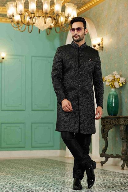 Raivat Ethnic Mens Jacquard Silk Embroidery Work Sherwani In Black Colour