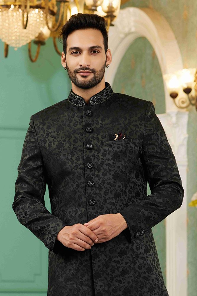 Raivat Ethnic Mens Jacquard Silk Embroidery Work Sherwani In Black Colour