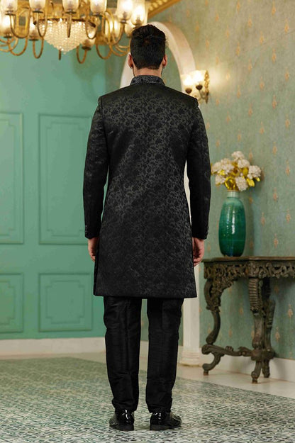 Raivat Ethnic Mens Jacquard Silk Embroidery Work Sherwani In Black Colour