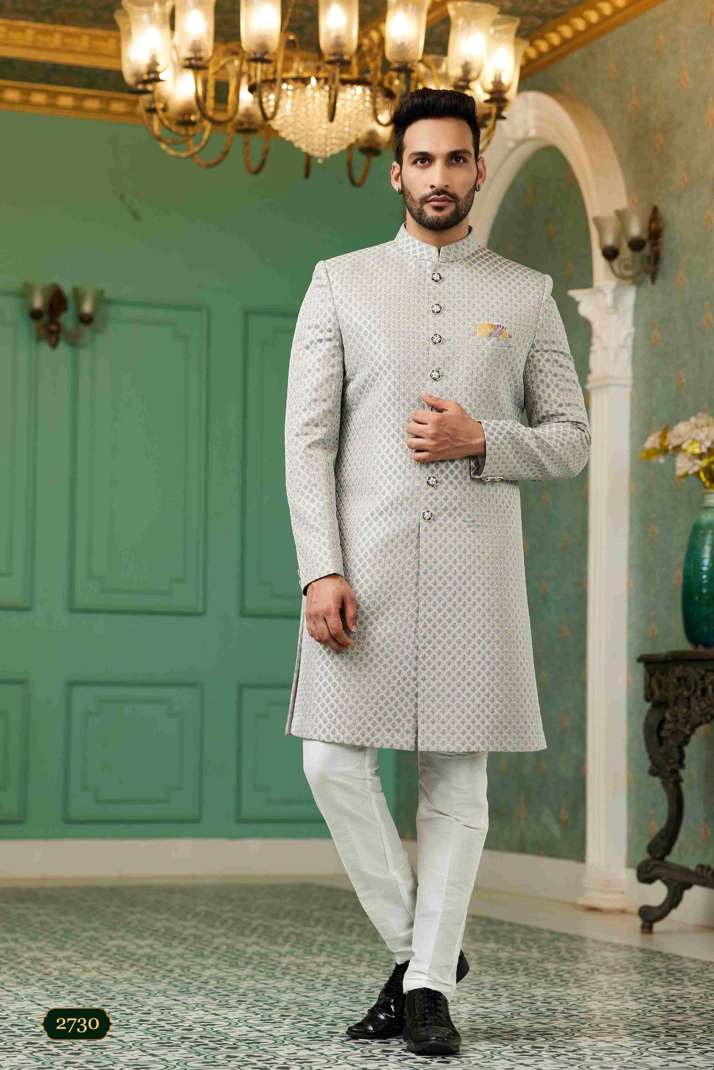 Raivat Ethnic Mens Jacquard Silk Embroidery Work Sherwani In Grey Colour