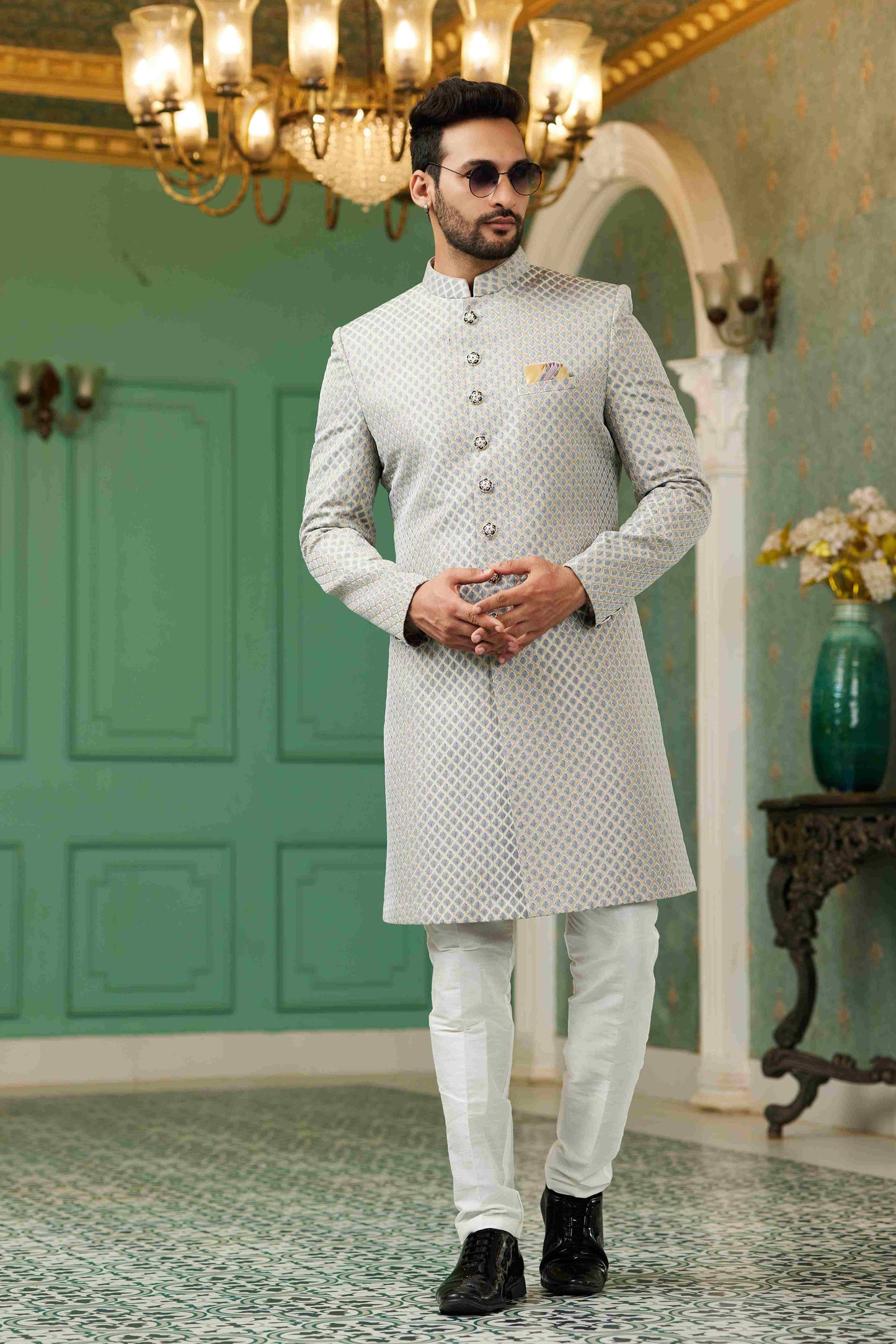 Raivat Ethnic Mens Jacquard Silk Embroidery Work Sherwani In Grey Colour