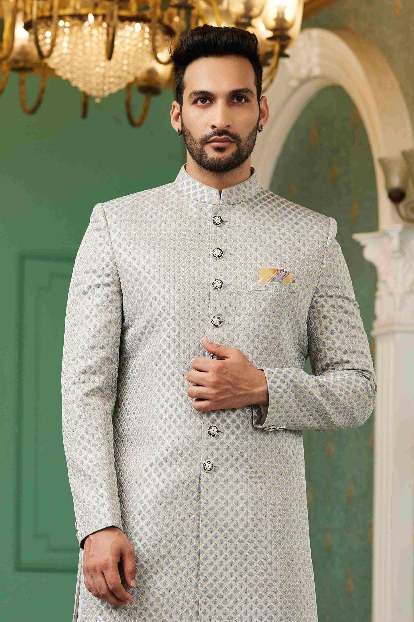 Raivat Ethnic Mens Jacquard Silk Embroidery Work Sherwani In Grey Colour